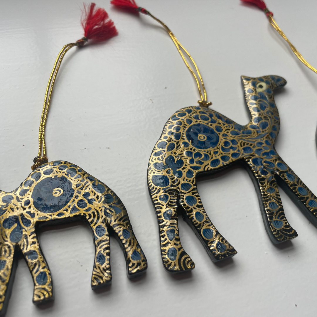 Hanging Christmas Decorations, Set fo 3 Camels - Blue & Gold