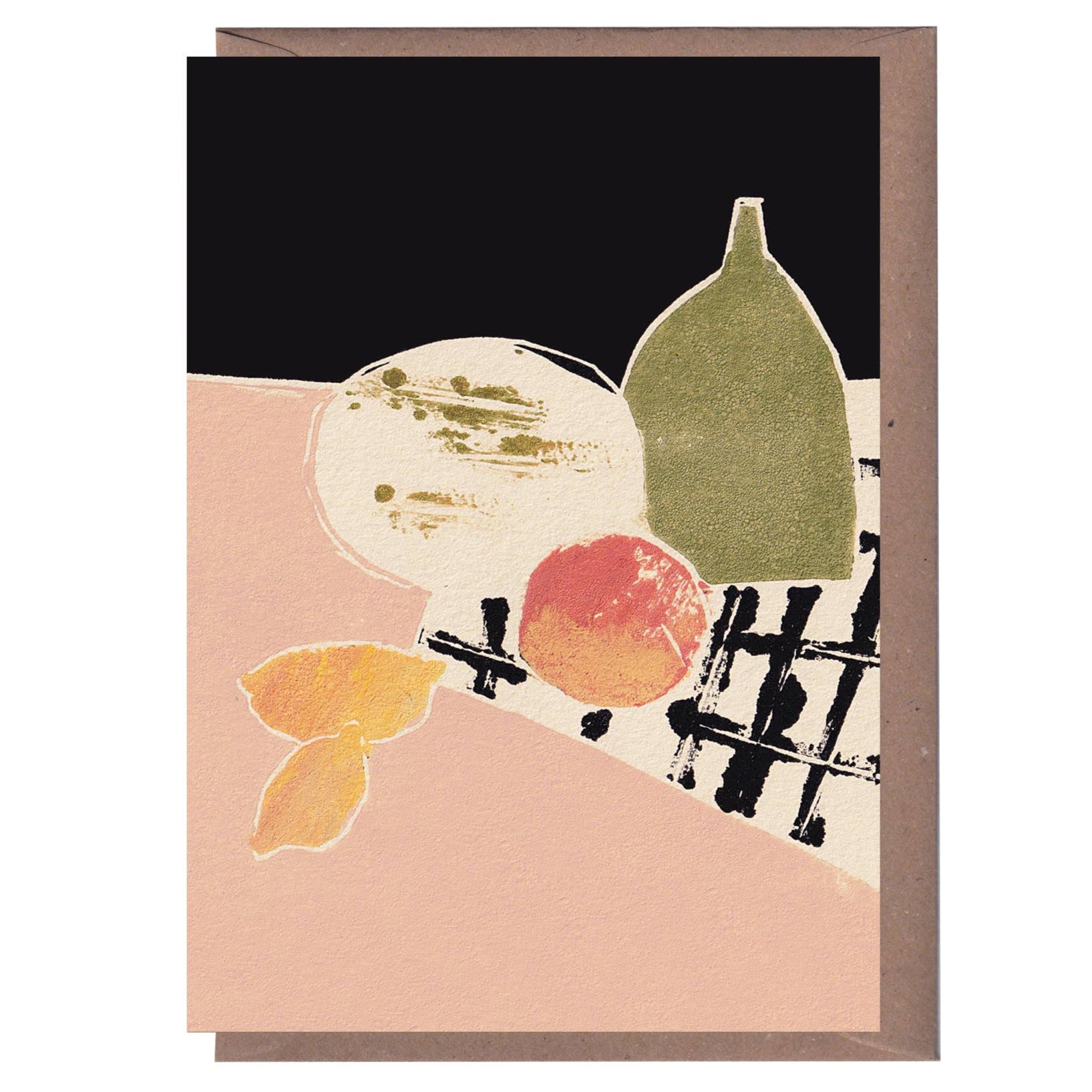 Greeting card with a linocut print design featuring abstract elements, including a shape resembling a melon, an apple, and a bottle, in a combination of black, beige, green, and red colors.