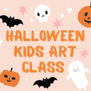 Promotional image for Halloween Kids Art Class featuring pumpkins, bats, and a ghost on a colorful background, with details of the class time and price.