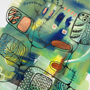 Abstract artwork with colorful shapes and lines on a textured surface