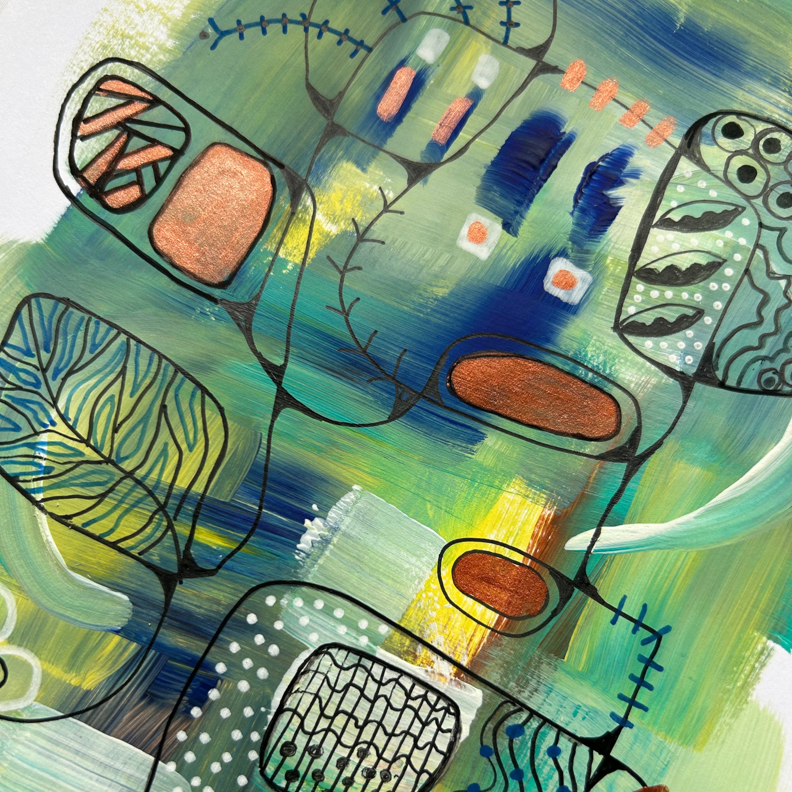 Abstract artwork with colorful shapes and lines on a textured surface