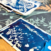 Blue and white botanical prints on a textured surface