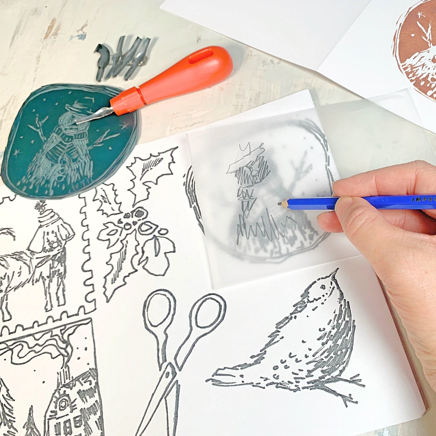 Christmas theme linocut & print kit