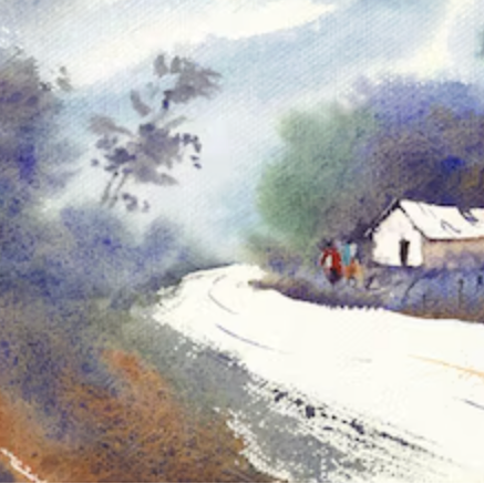 Watercolor painting of a small house on a hill with trees and clouds in the background