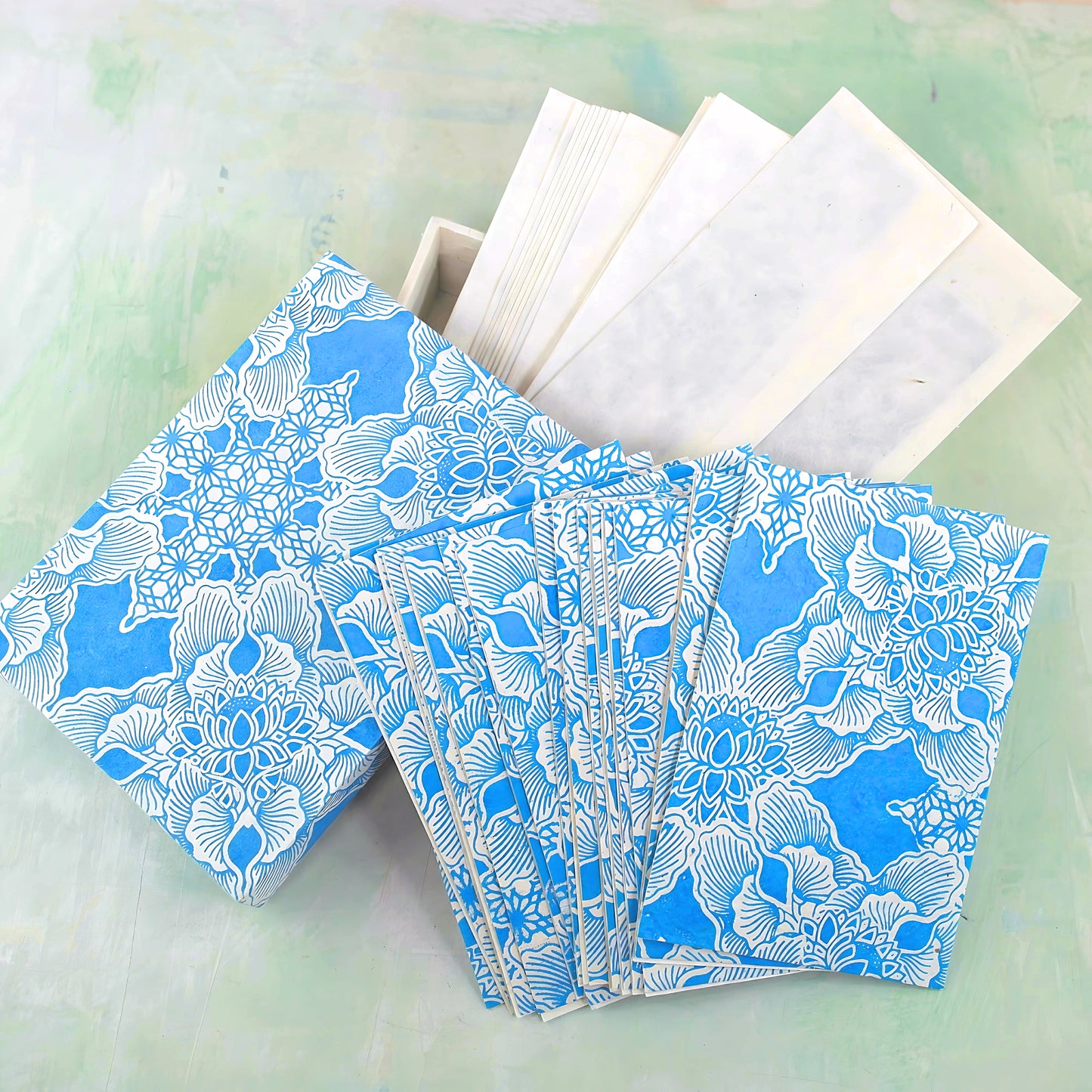 Handmade card set in box, blue lotus