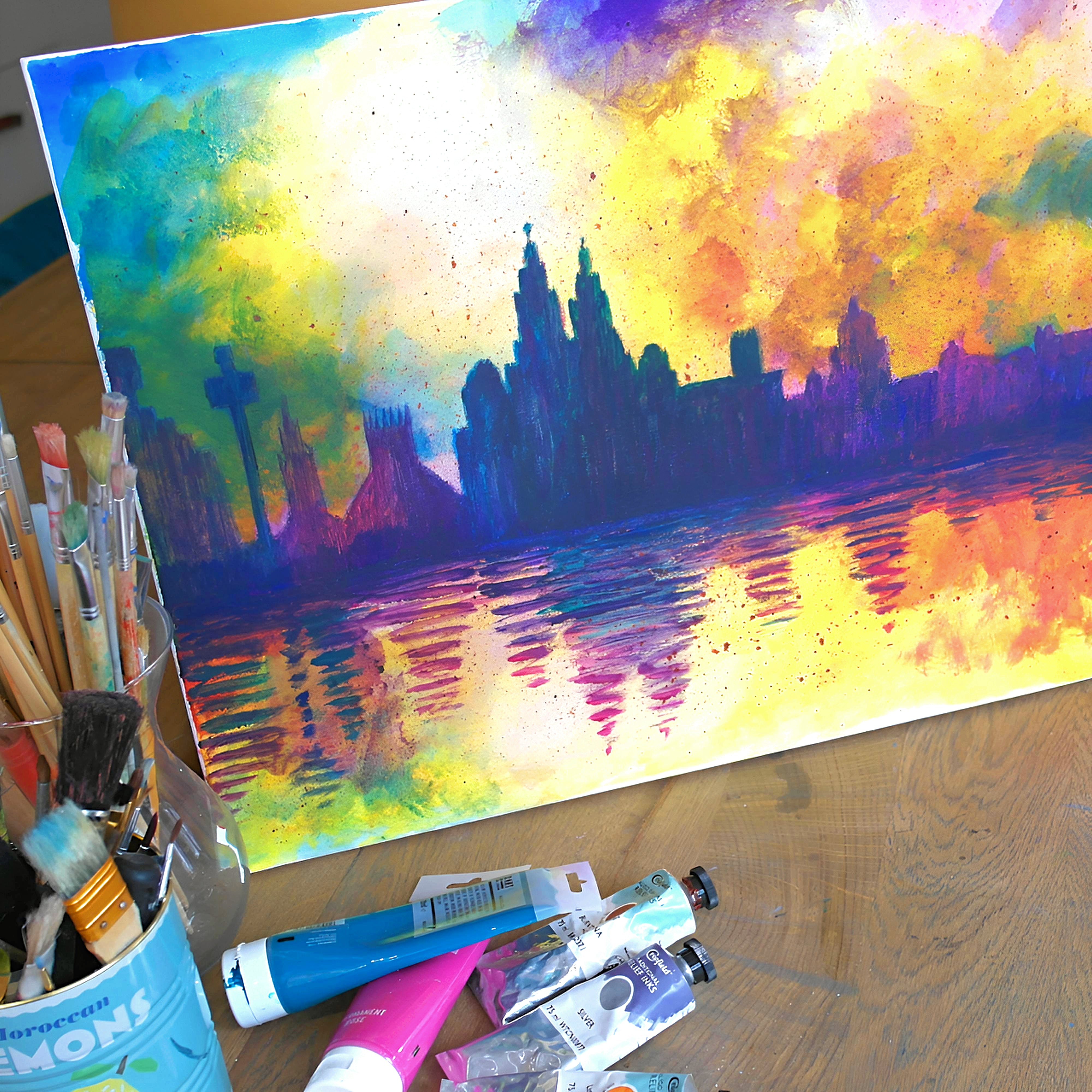 Workshop painting skyline with coffee & pastry