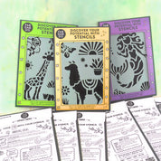 Three packages of fabric stencils in vibrant colors displayed with unrolled stencils showing animal and floral patterns, indicating use for textile painting.