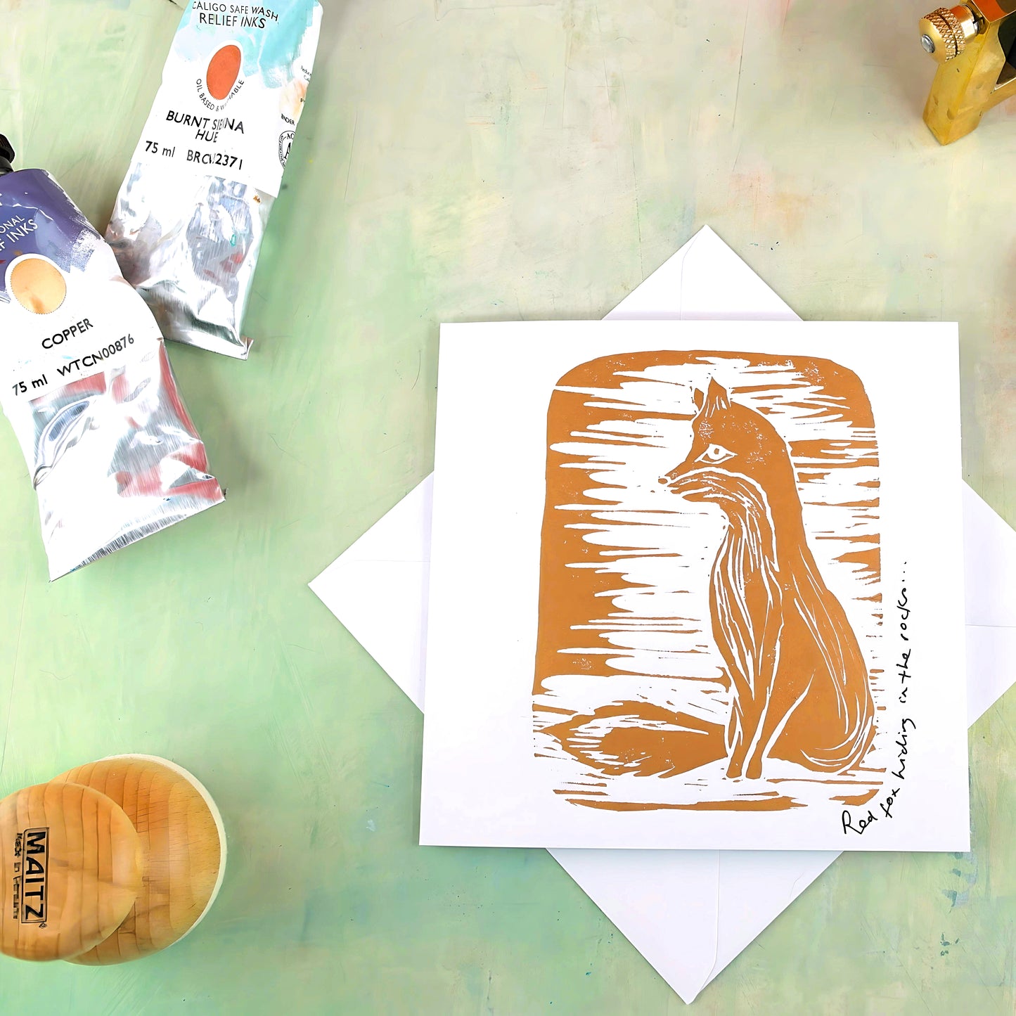 Linocut hand printed card Fox