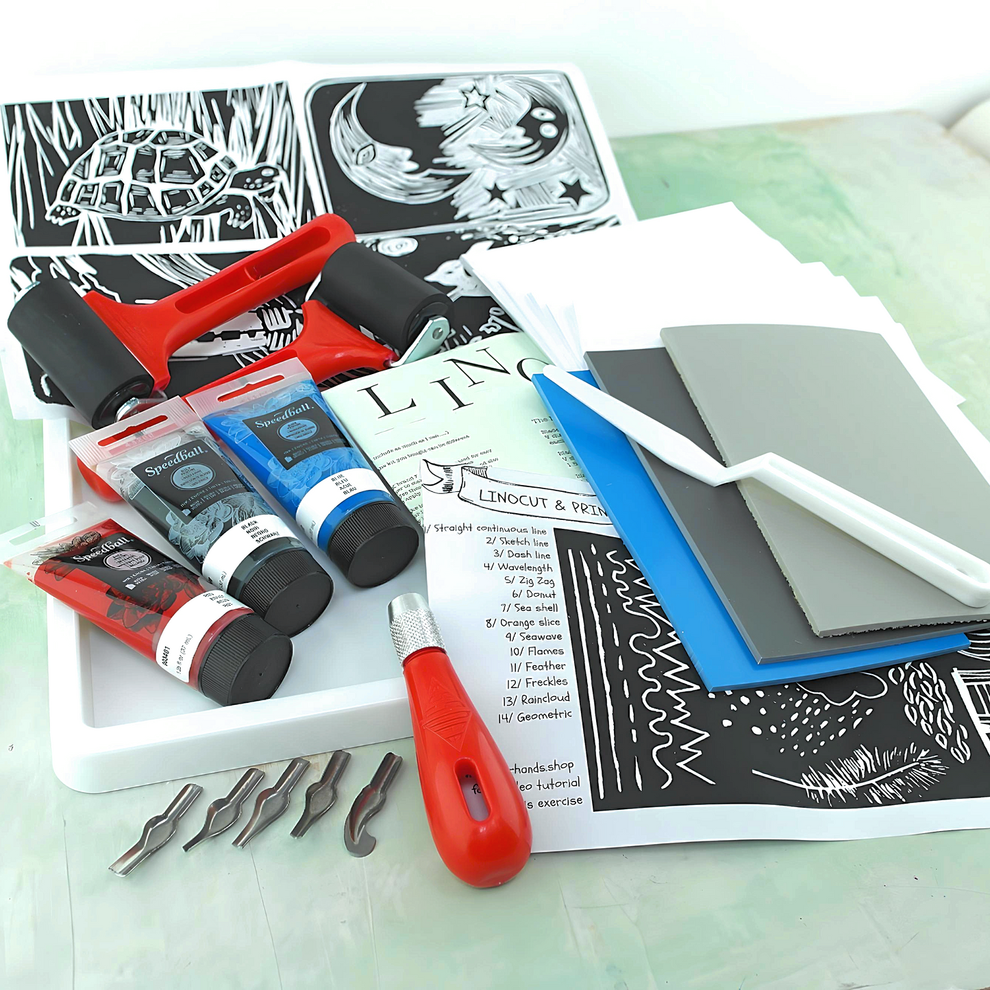 Linocut & print premium kit with 3 ink colours