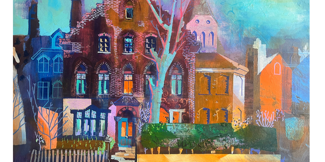 A colorful painting of old brick townhouses and a church spire under a blue sky, shown centered on a white background.