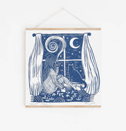 Cosy home Art Print- Woman in Winter with Cat & Moon