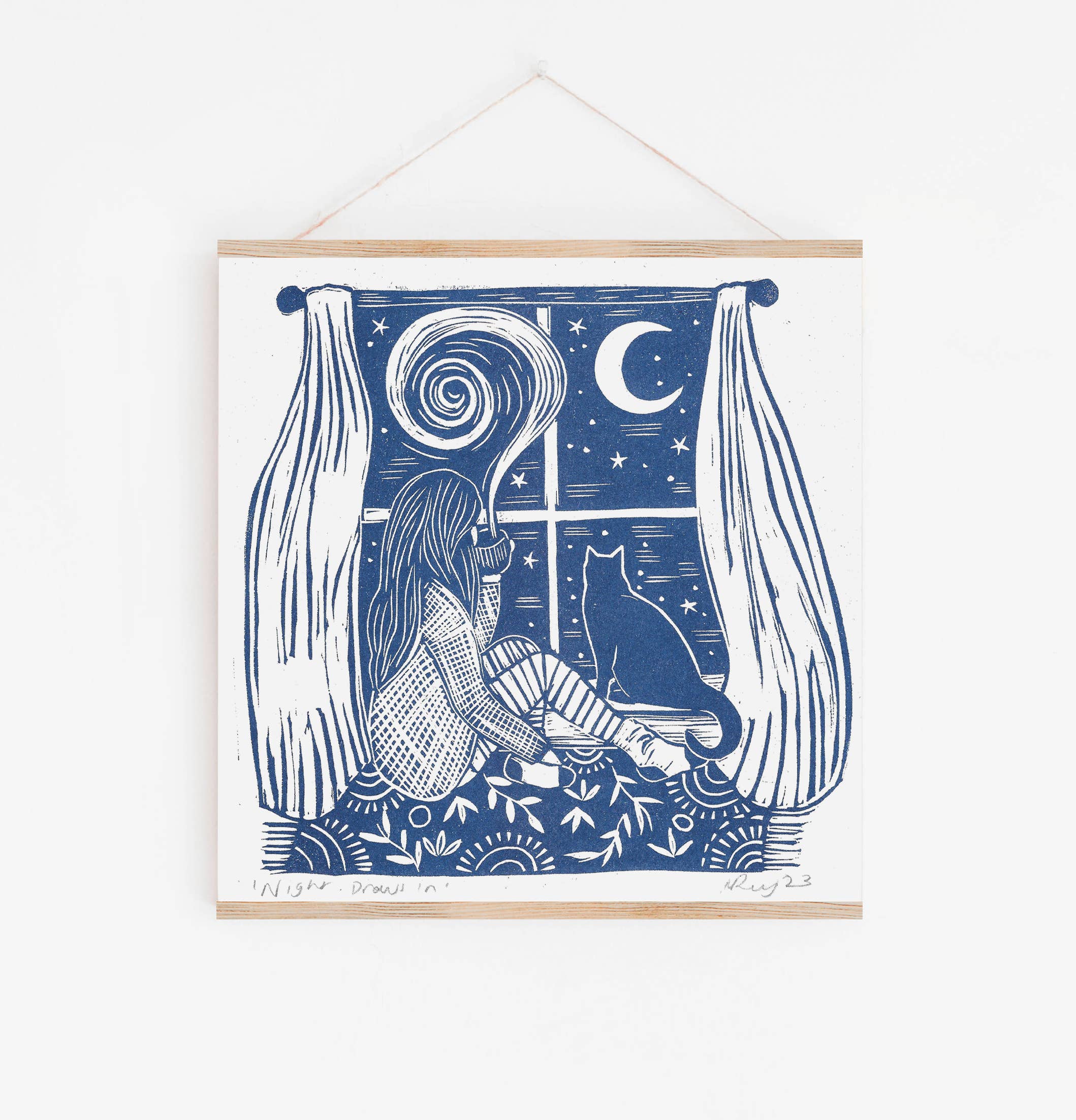 Cosy home Art Print- Woman in Winter with Cat & Moon