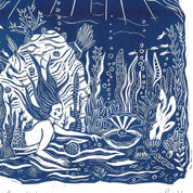 Blue and white illustration of a mermaid and sea horse underwater scene.