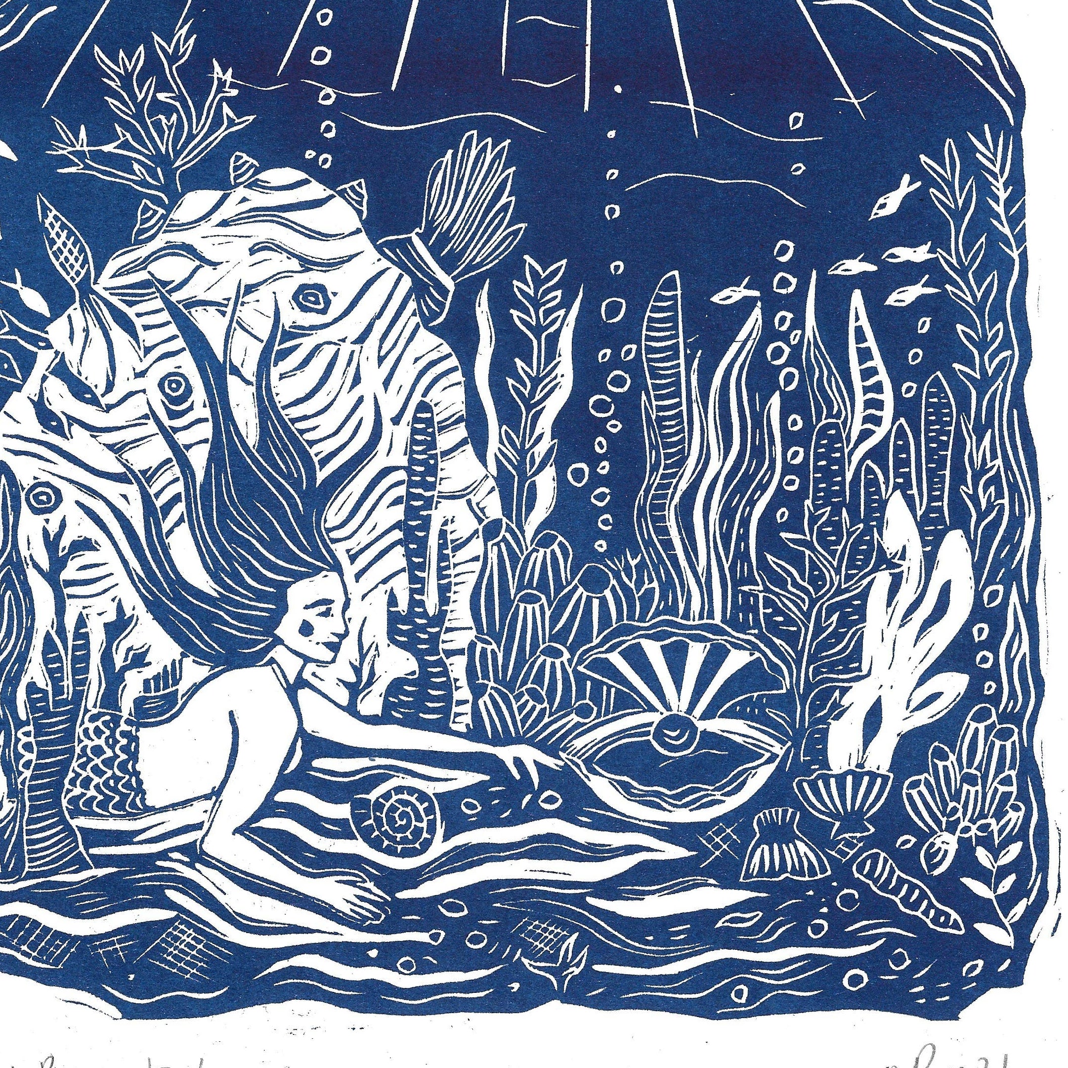 Blue and white illustration of a mermaid and sea horse underwater scene.