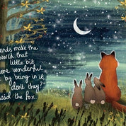 Framed artwork of a fox and rabbits under a starry night sky with a quote.
