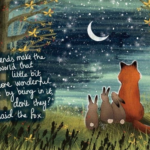 Framed artwork of a fox and rabbits under a starry night sky with a quote.