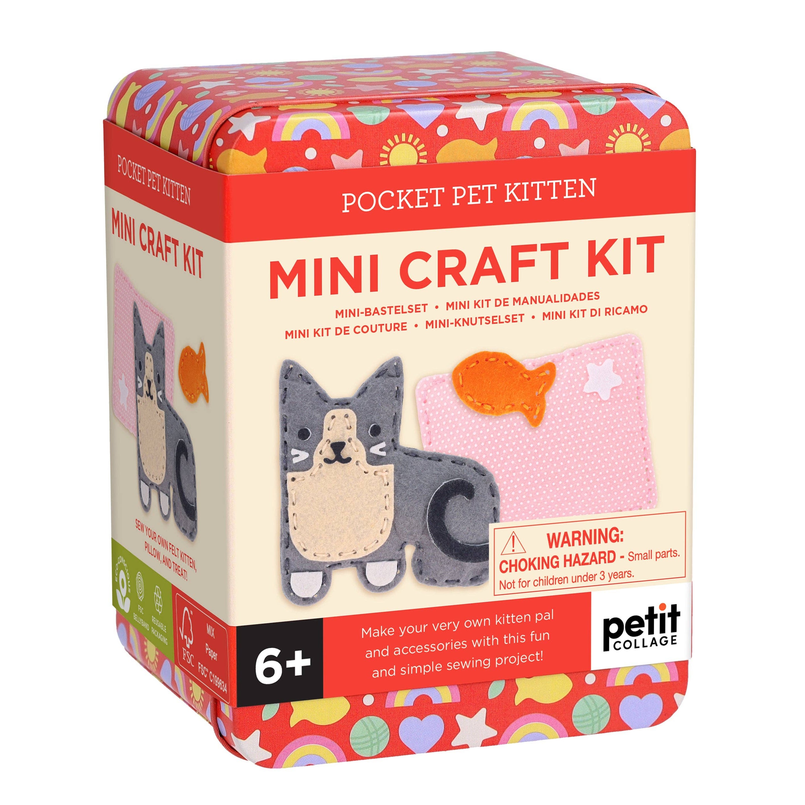 Mini craft kit packaging with colorful design and text on a white background
