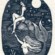 Illustration of a mermaid and a woman sitting on a shell against a night sky with stars and moon.