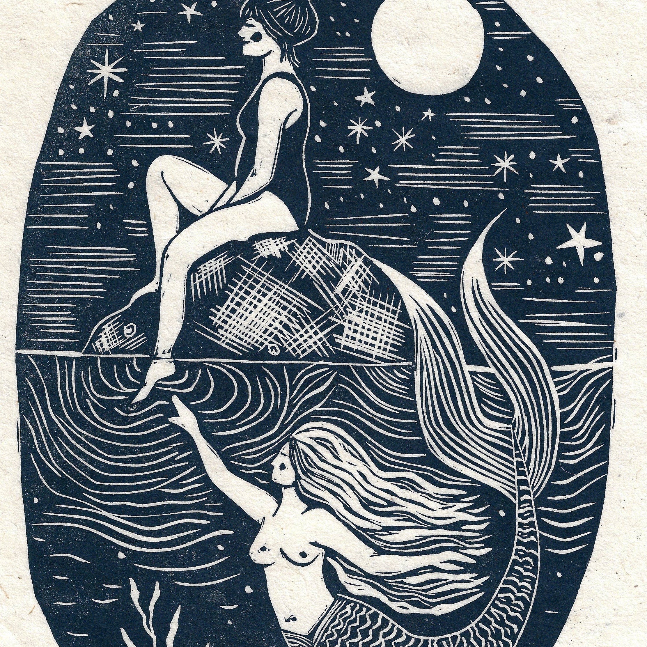 Illustration of a mermaid and a woman sitting on a shell against a night sky with stars and moon.