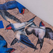 Artistic depiction of birds on a textured surface with blue and red accents.