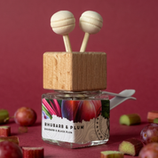 A glass bottle reed diffuser with a light wood cap and two spherical reeds, labeled 'RHUBARB & PLUM', set on a dark red surface with scattered rhubarb pieces around it.