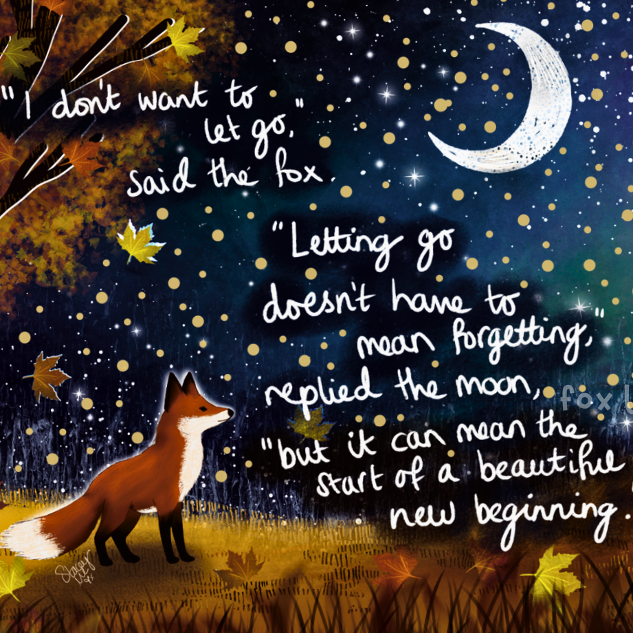 Greeting card with fox and moon illustration and inspirational quote, placed on a textured surface with a gift box.