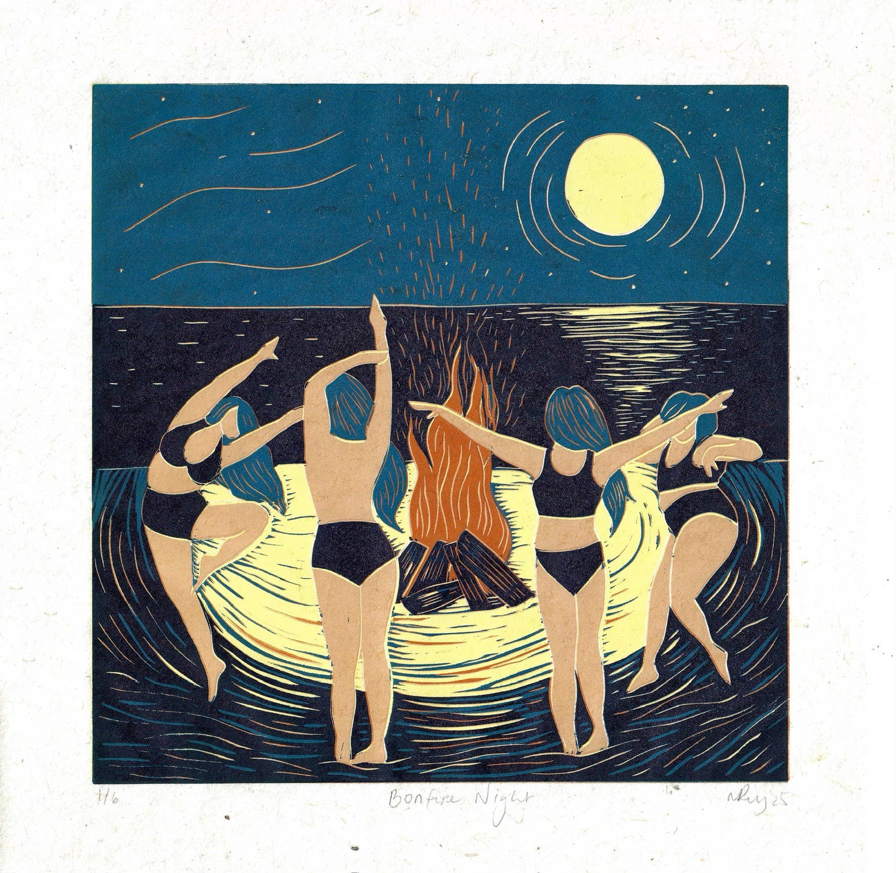 Bonfire Night card, beach, moon, dance, women, friends, fire