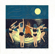 Bonfire Night card, beach, moon, dance, women, friends, fire