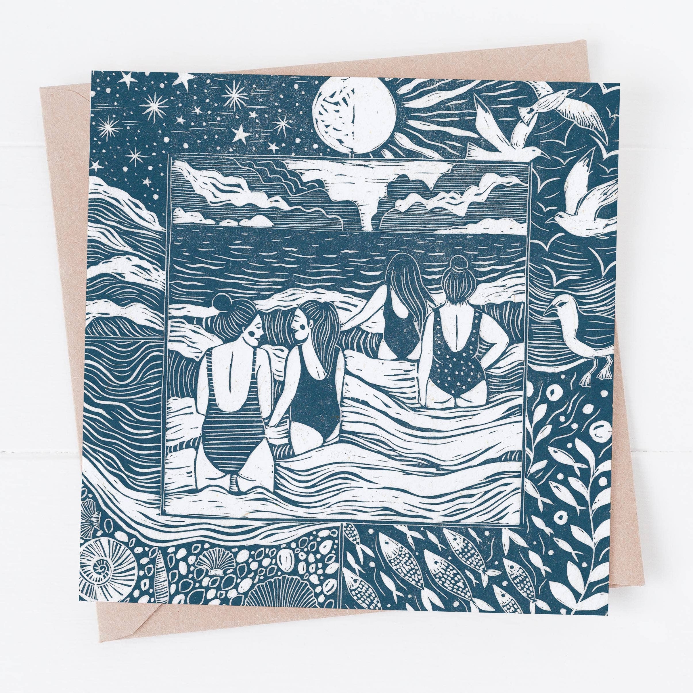 Greeting card with blue illustration of people by the sea on a white background