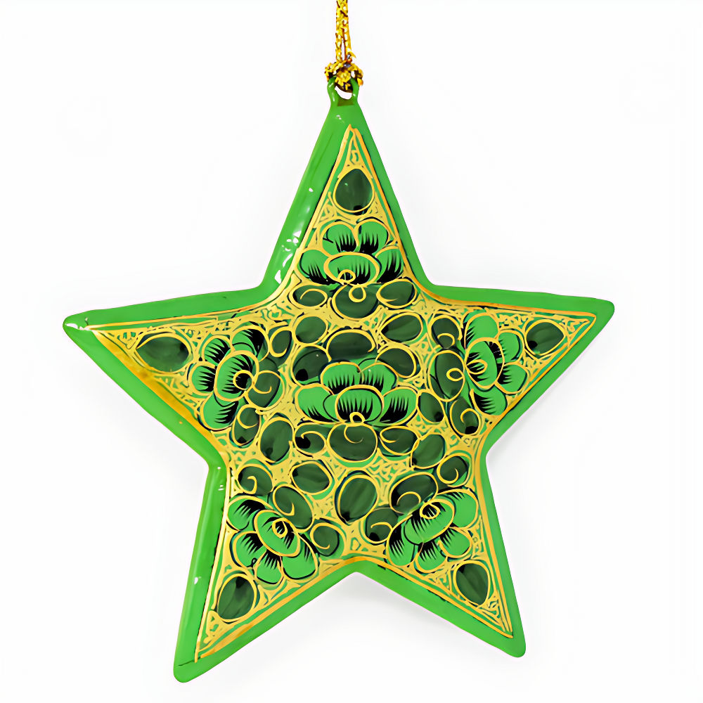 Set of 3 Hand Painted Green Wooden Star Decorations