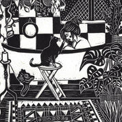 Black and white illustration of a woman and cat in a room with plants