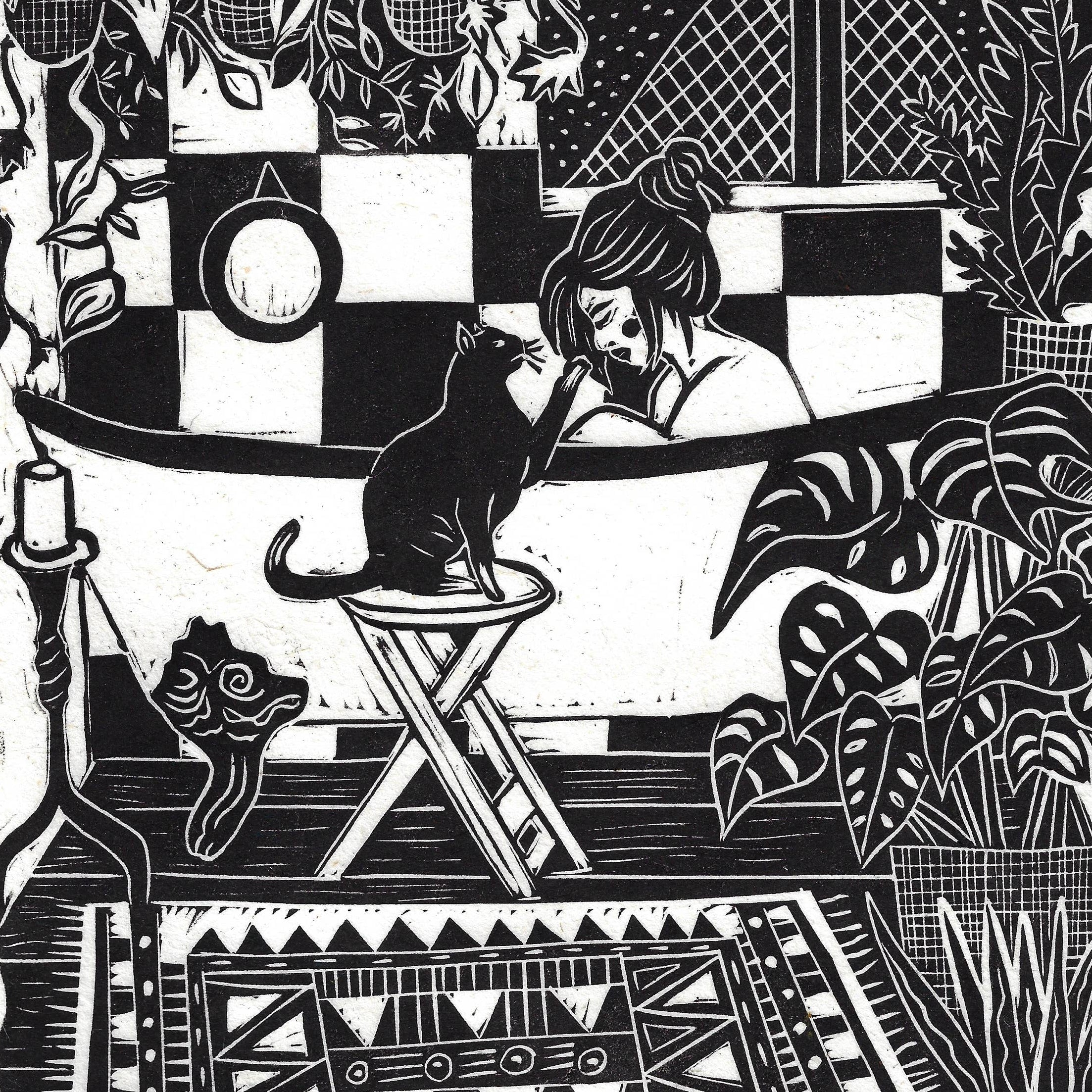 Black and white illustration of a woman and cat in a room with plants
