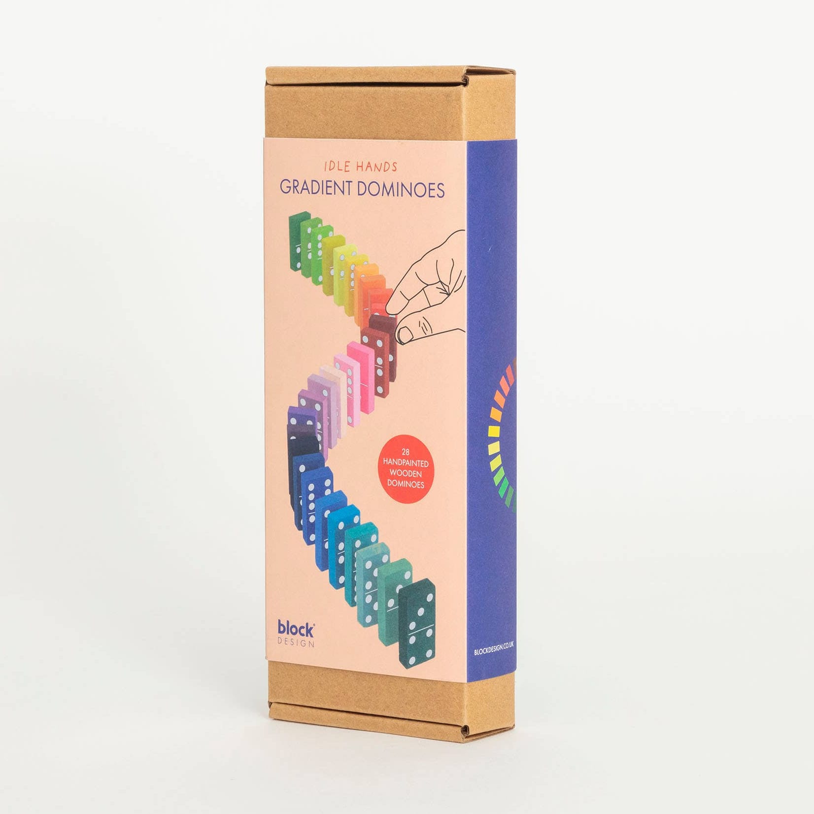 Box of gradient dominoes with colorful design on a white background