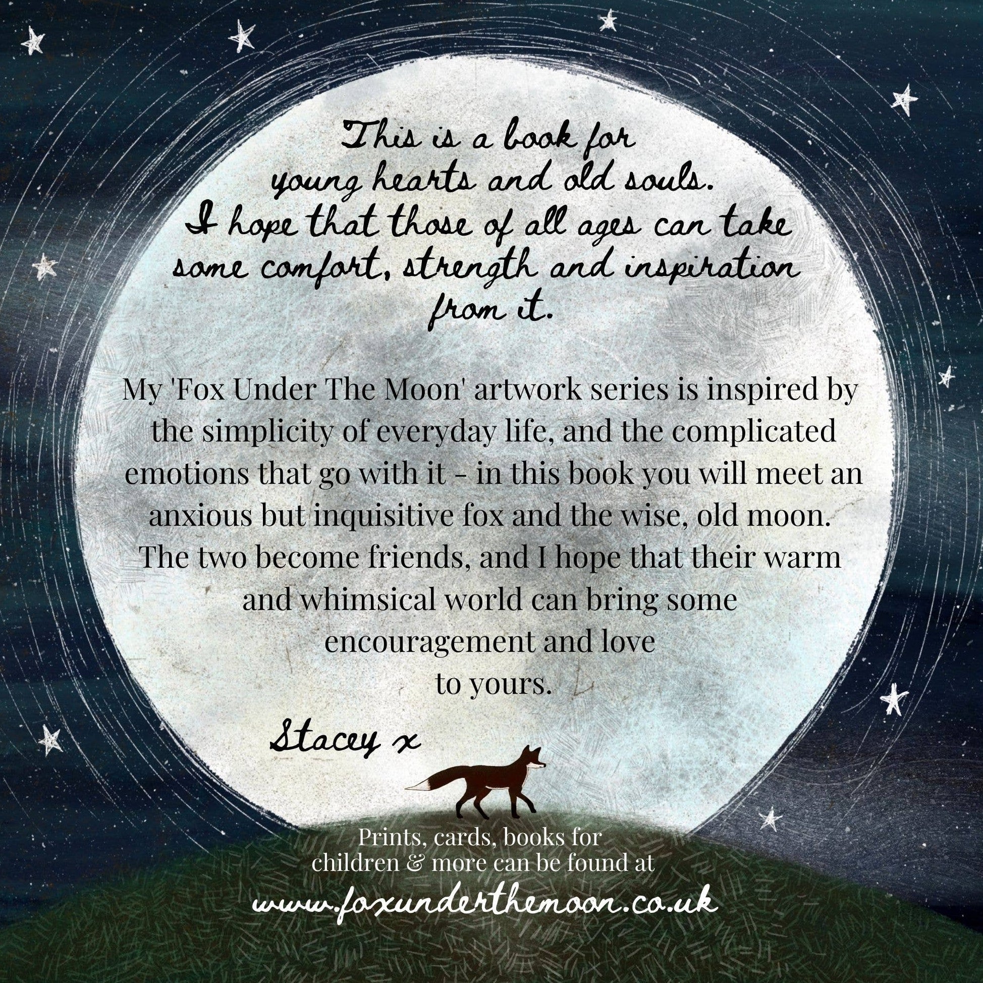Book cover with text about 'Fox Under The Moon' artwork series and a fox silhouette.