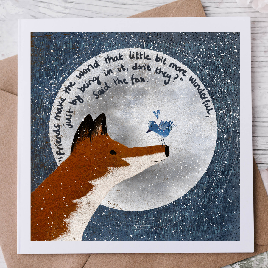 Card with fox and bird illustration and text on a starry night background