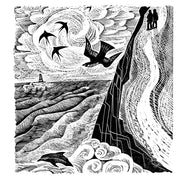A black and white woodcut-style illustration print showing a dramatic coastal scene with flying birds, swirling clouds, a steep rocky path, and a small lighthouse. A smaller circular crop of the same artwork appears on the left with text below, and the full print is shown on a white background.