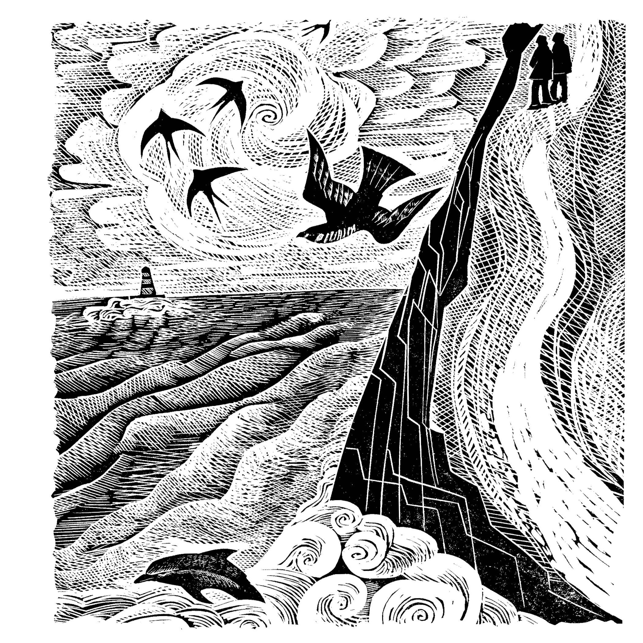 A black and white woodcut-style illustration print showing a dramatic coastal scene with flying birds, swirling clouds, a steep rocky path, and a small lighthouse. A smaller circular crop of the same artwork appears on the left with text below, and the full print is shown on a white background.