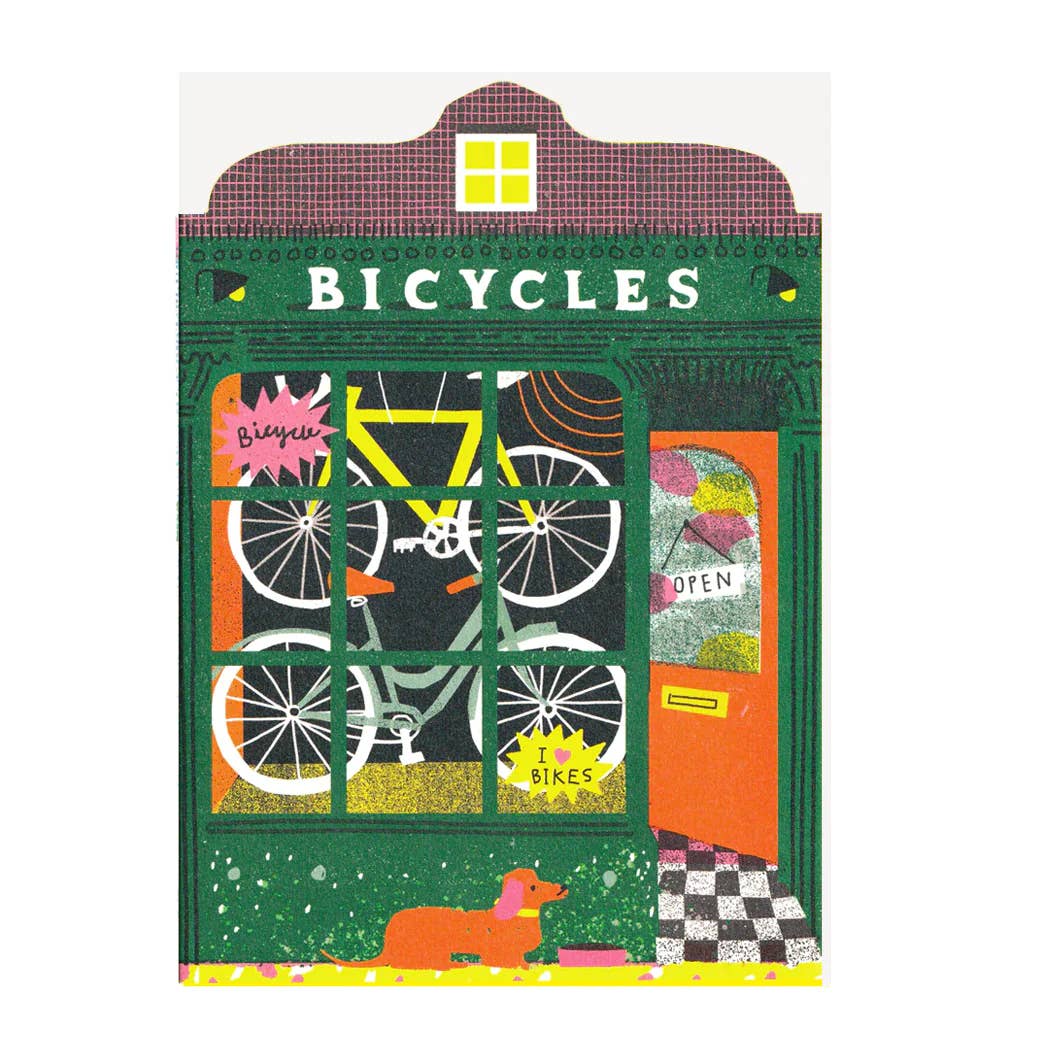 Bicycle Shop Greeting Card, Illustrated Blank Card for Cyclist or Bike Lover