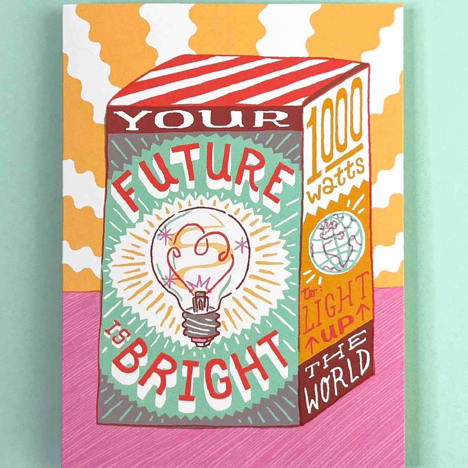 Colorful poster with a light bulb design and text on a light blue background