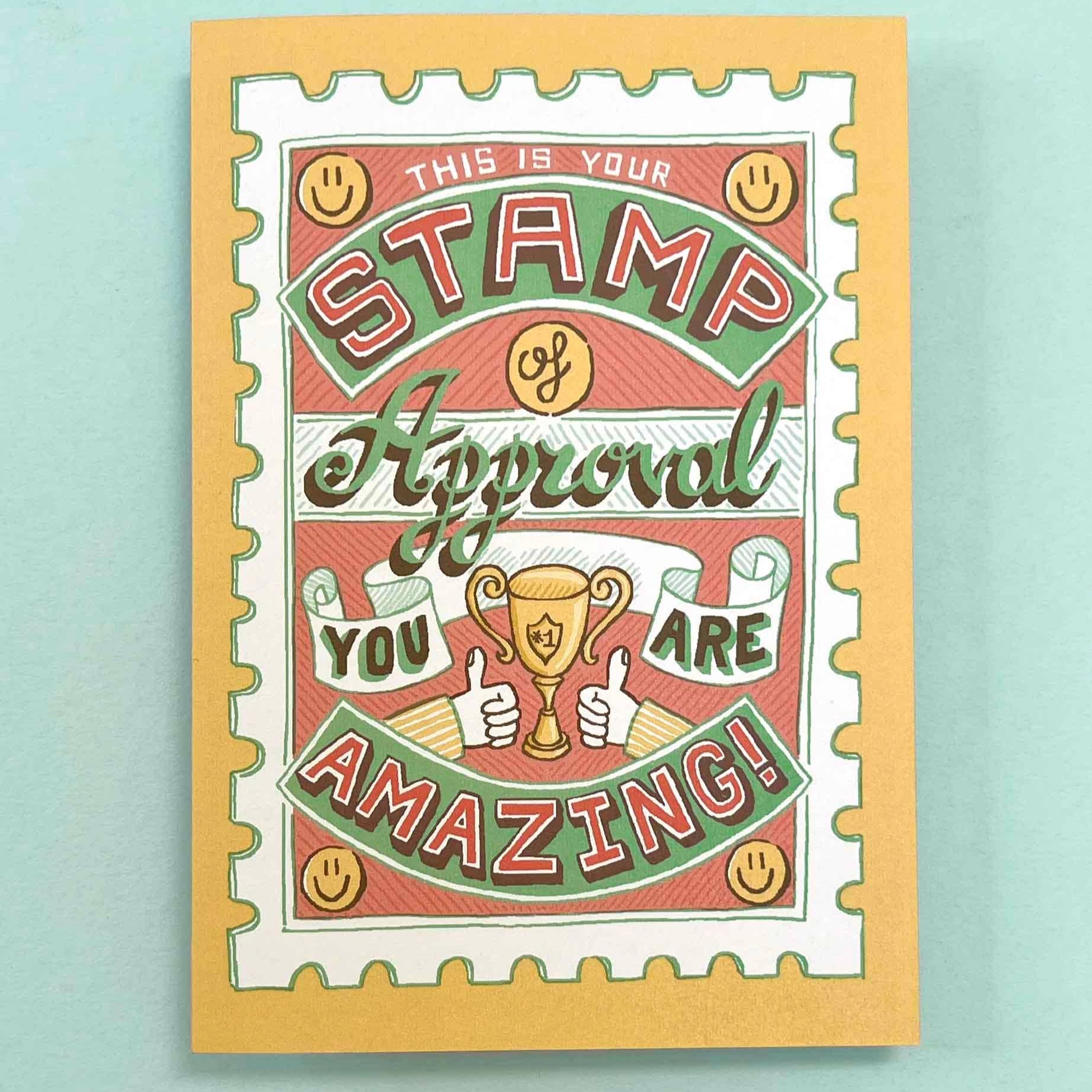 Card with a colorful stamp design on a light blue background