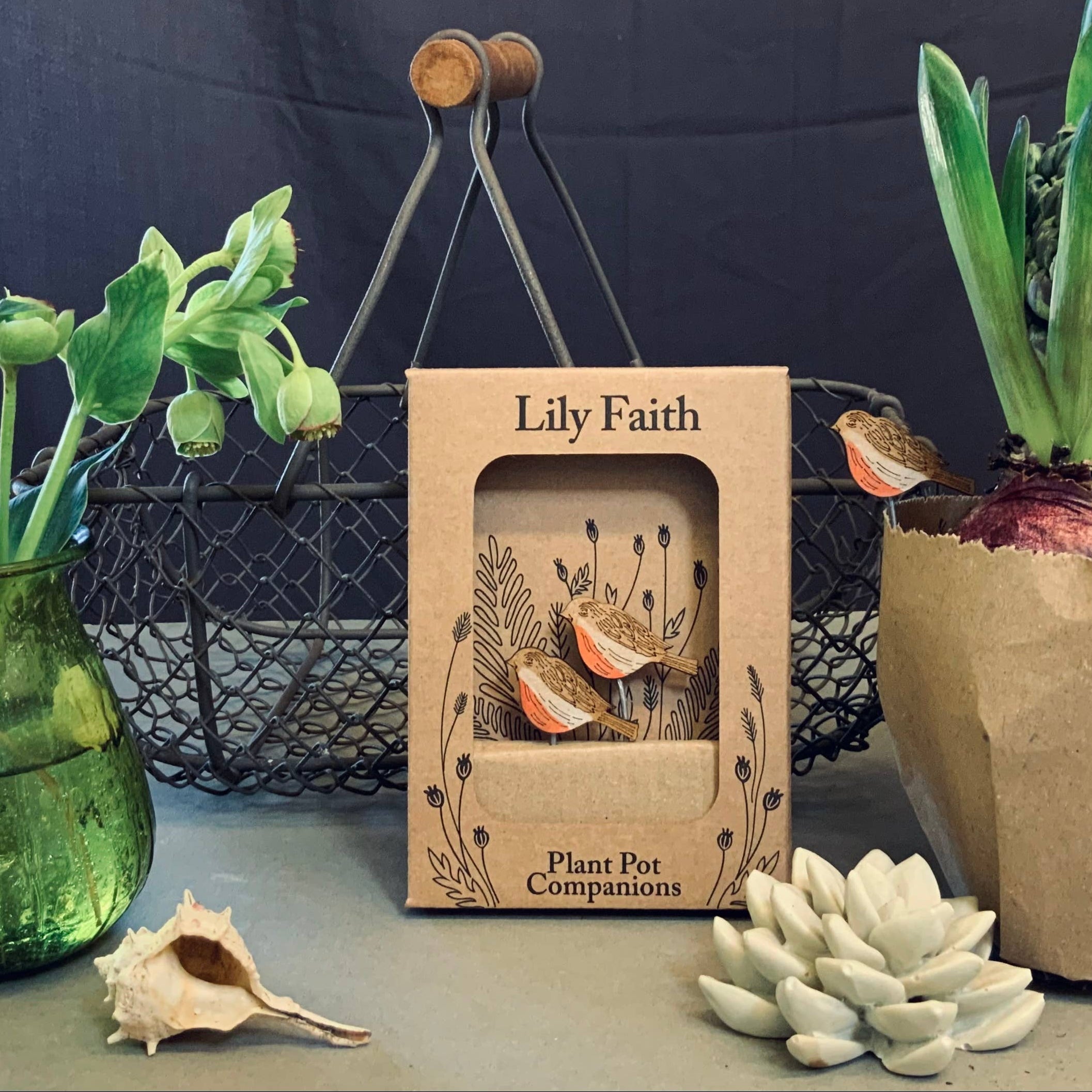 A kraft paper plant pot companion box labeled 'Lily Faith' stands centered on a tabletop, surrounded by decorative plants and a green glass vase against a dark fabric backdrop.