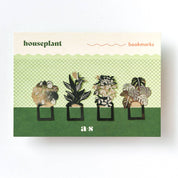 Pack of houseplant bookmarks with illustrations on a green and beige background