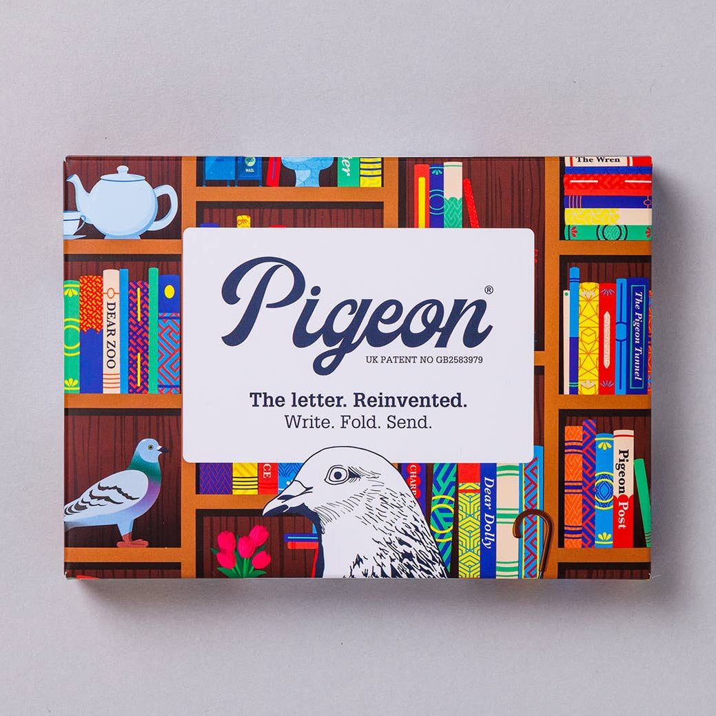Pigeon letter writing set with colorful bookshelf design on a gray background