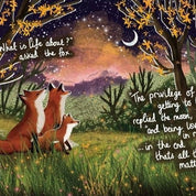 A framed art print featuring an illustration of three foxes in a forest at night with handwritten quotes, displayed on a gray wall.