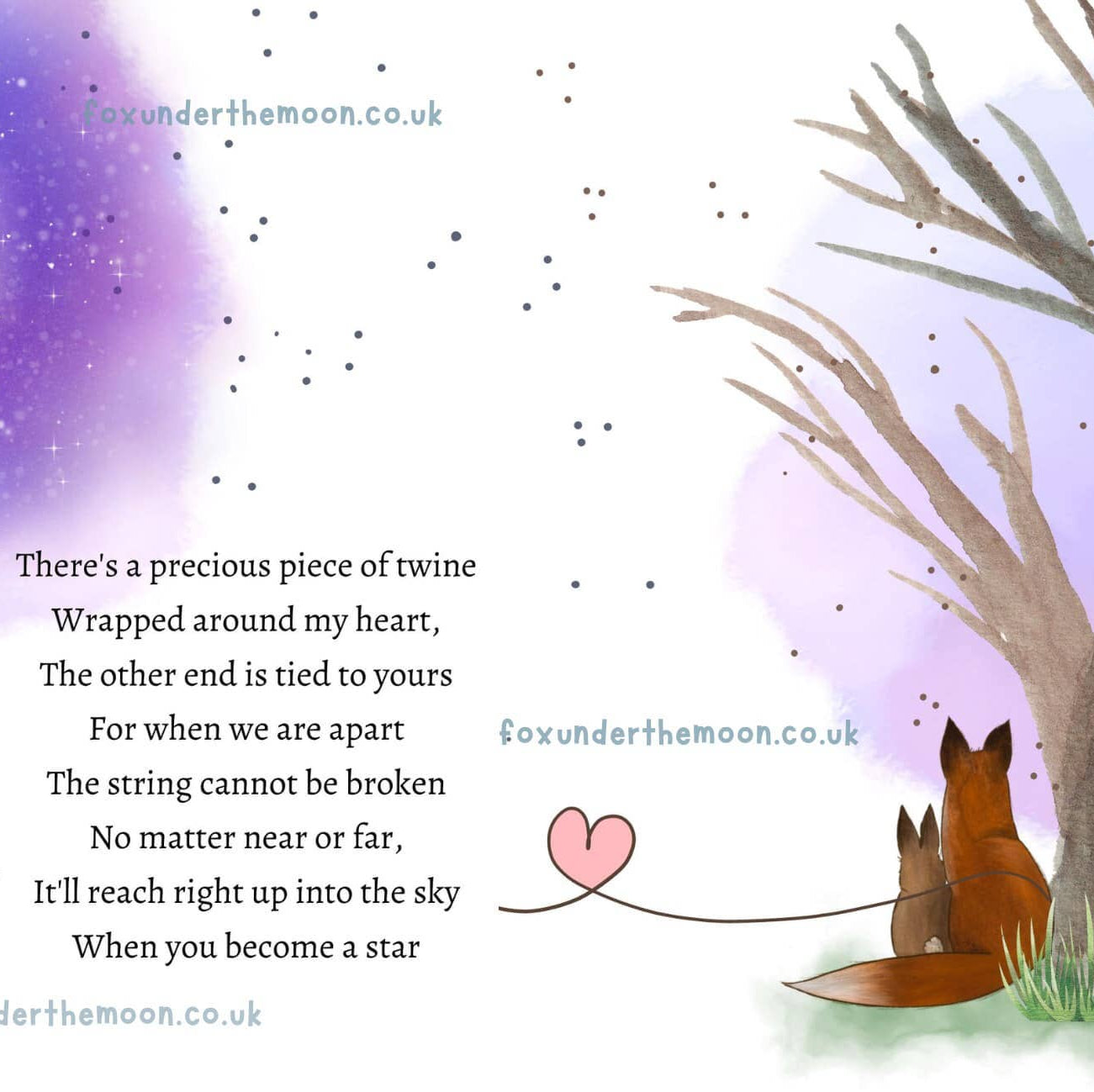 Illustration of two foxes under a tree with a moon in the background, featuring a poem about twine and heartstrings.