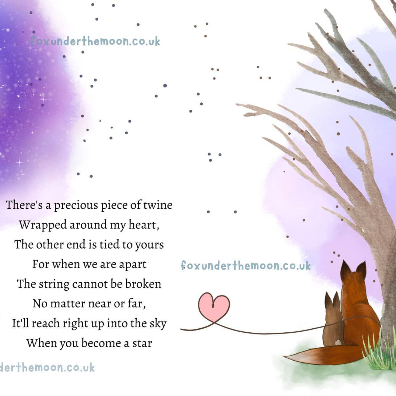 Illustration of two foxes under a tree with a moon in the background, featuring a poem about twine and heartstrings.