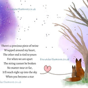 Illustration of two foxes under a tree with a moon in the background, featuring a poem about twine and heartstrings.