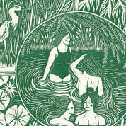 Artistic depiction of women in a pond surrounded by nature elements.