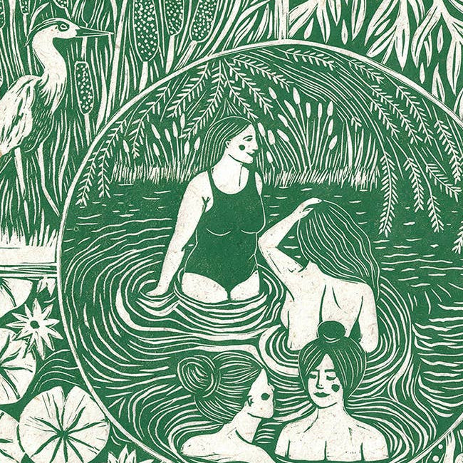 Artistic depiction of women in a pond surrounded by nature elements.