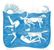 Prints by the Bay Paddlers riso print, dog art, swimming, doggy paddle, woman